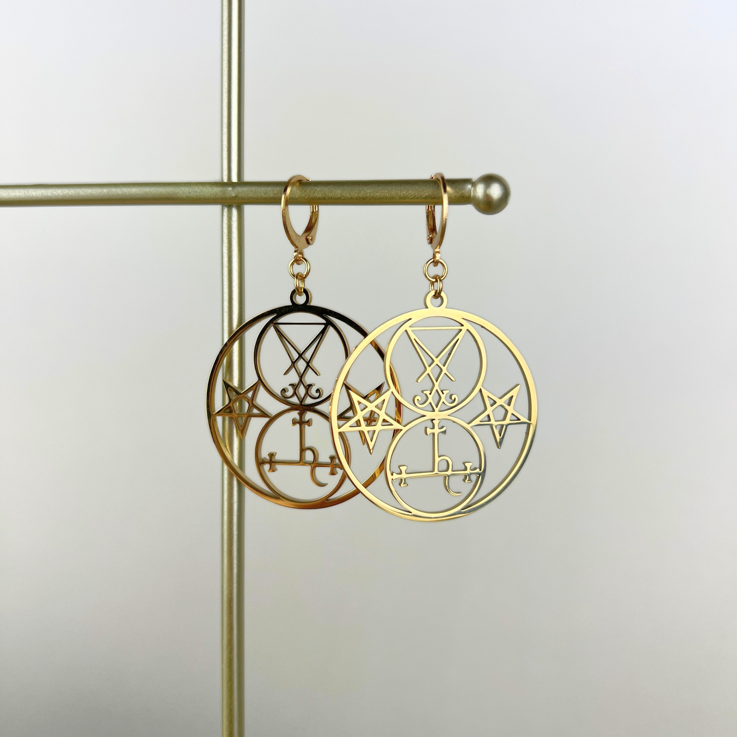Golden Luciferian earrings, Lilith and Lucifer sigils, inverted pentacle Baguette Magick