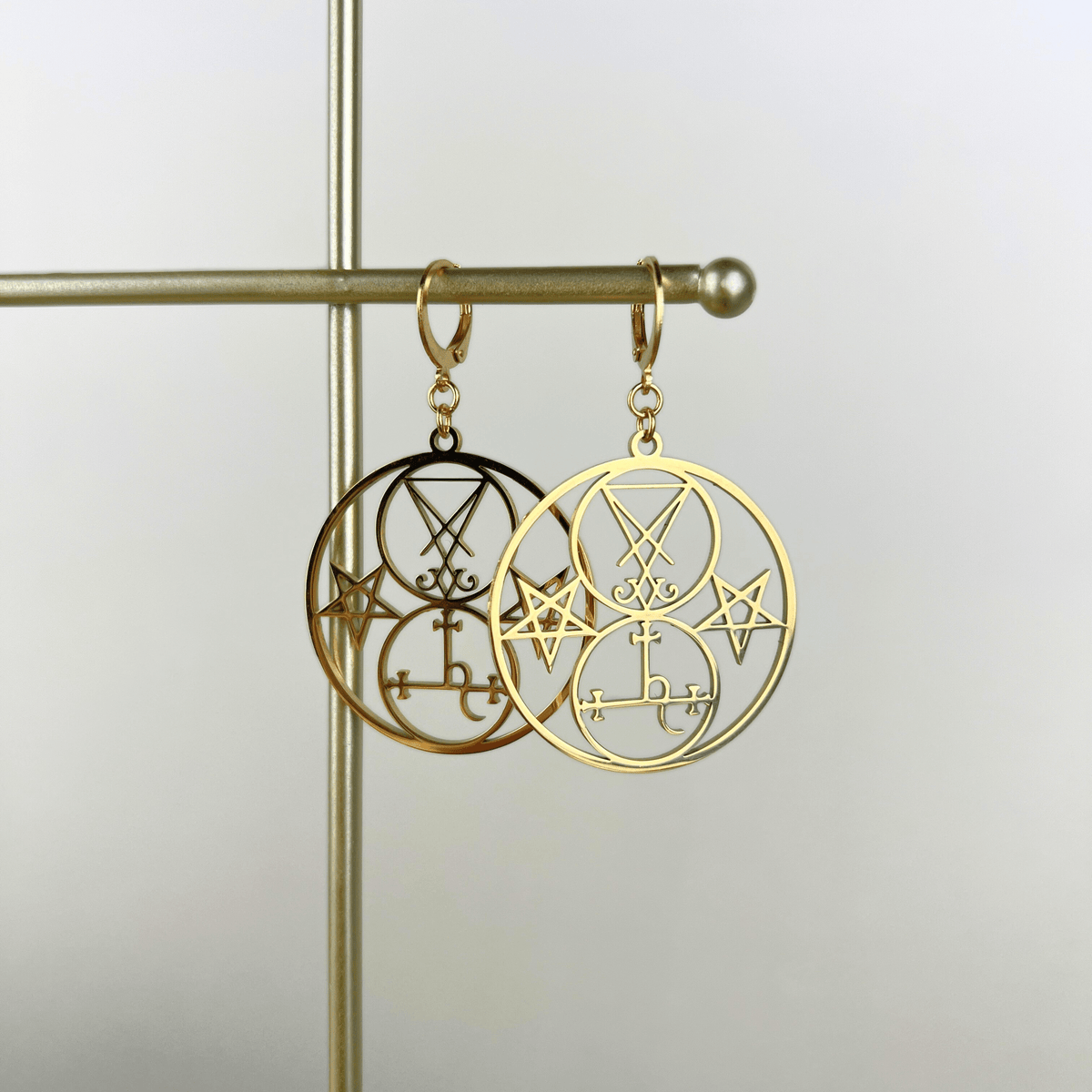 Golden Luciferian earrings, Lilith and Lucifer sigils, inverted pentacle Baguette Magick