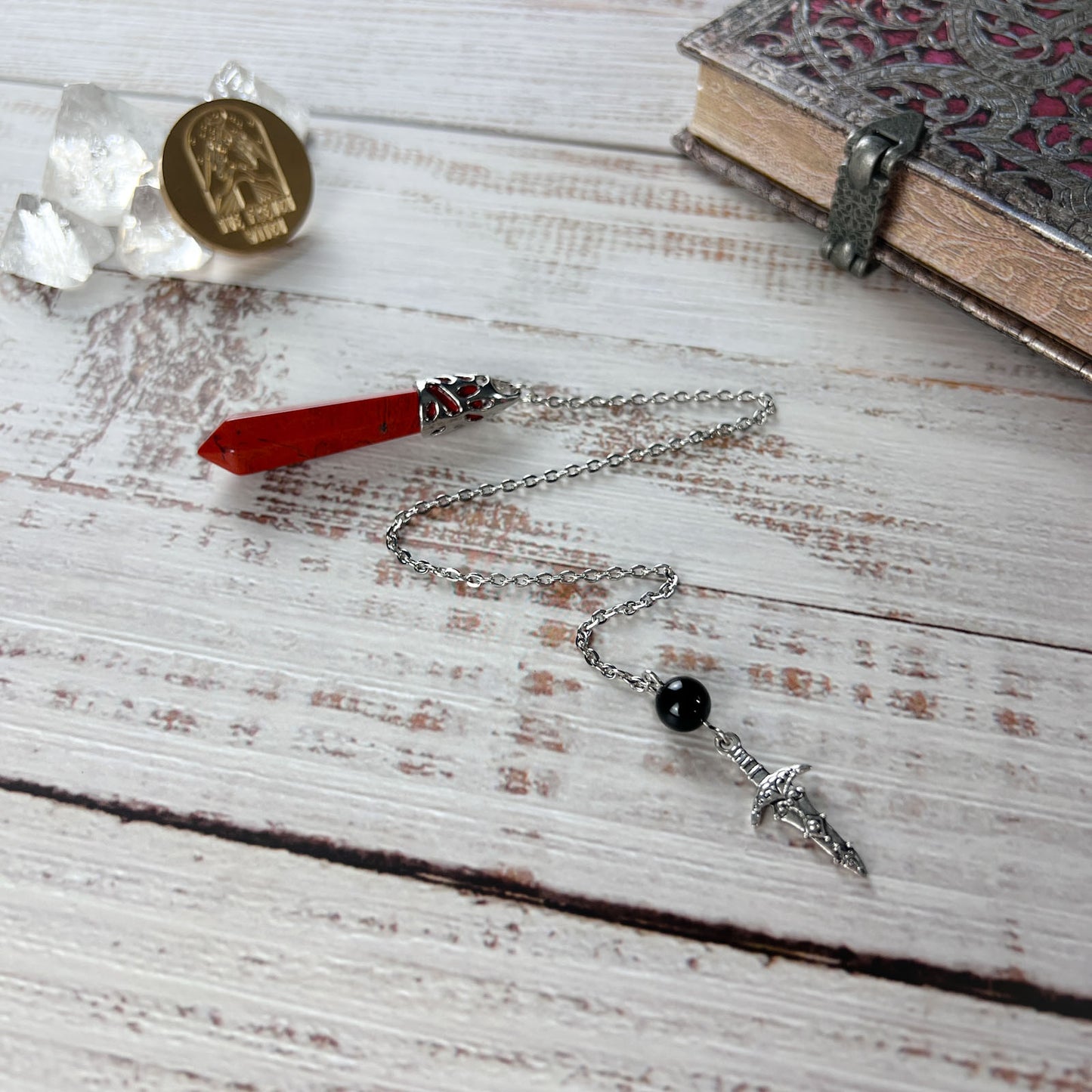 Red jasper pendulum gemstone pendulum obsidian bead dagger charm divination and dowsing tool