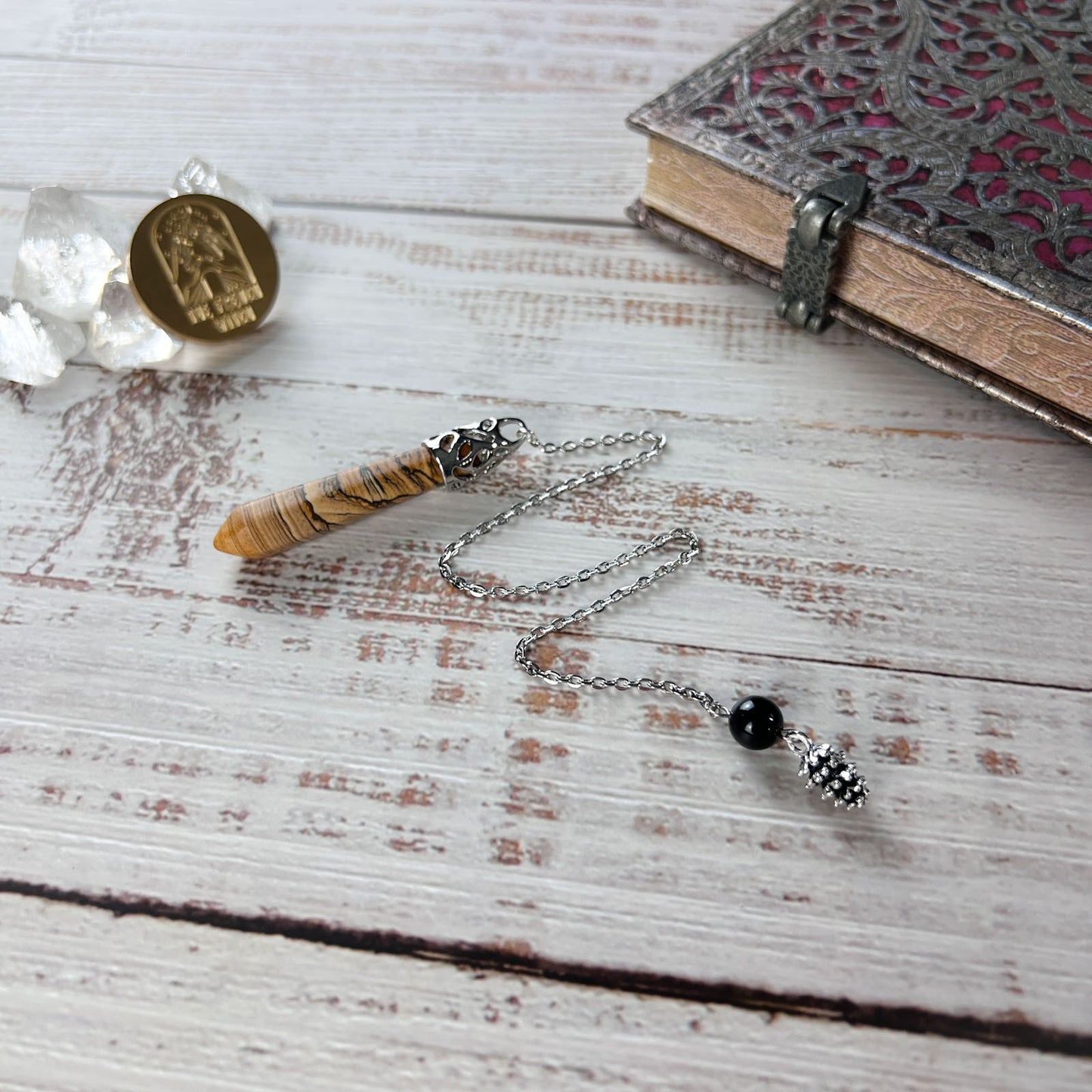 Gemstone divination pendulum picture jasper and obsidian with a pinecone spiritual charm dowsing tool