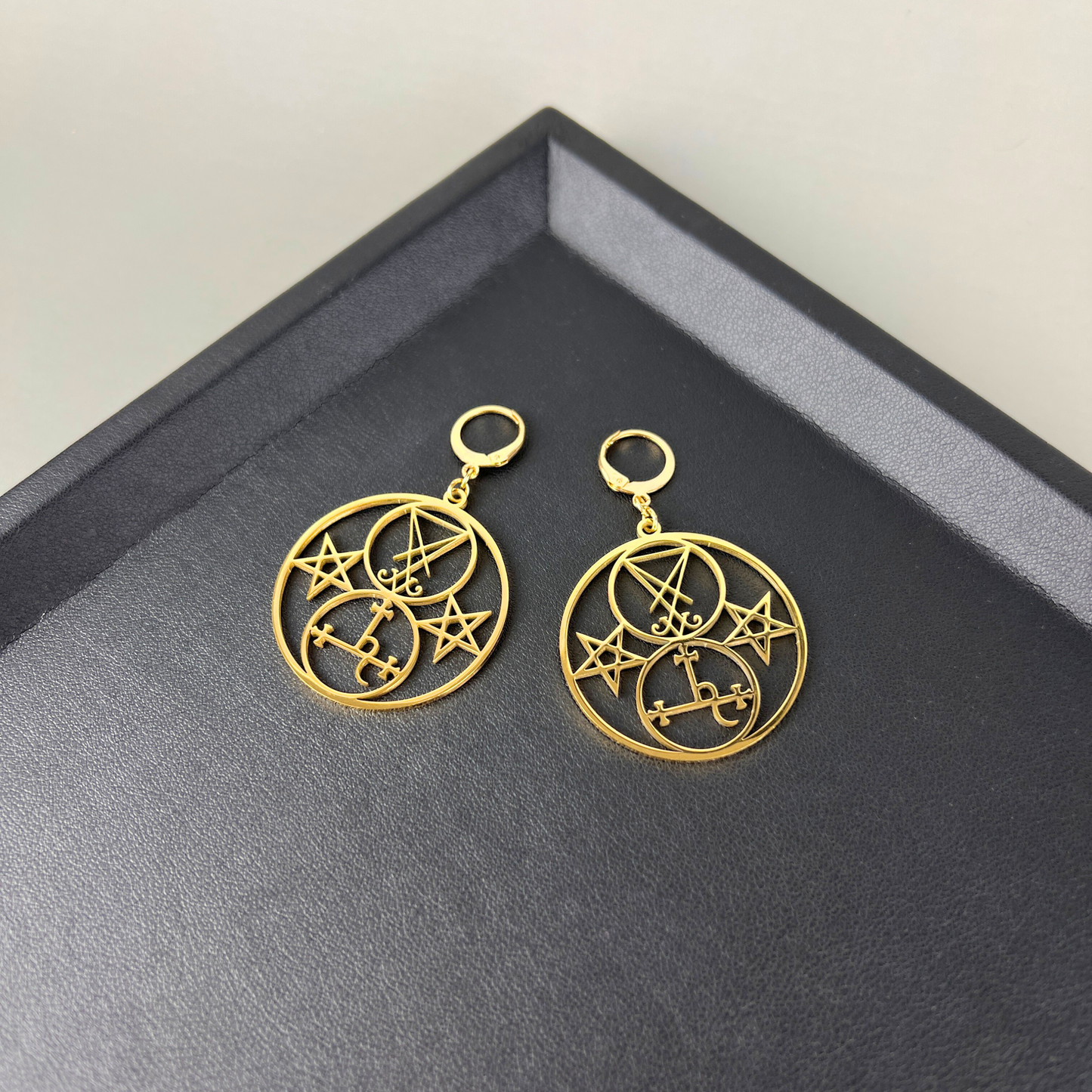 Golden Luciferian earrings, Lilith and Lucifer sigils, inverted pentacle Baguette Magick