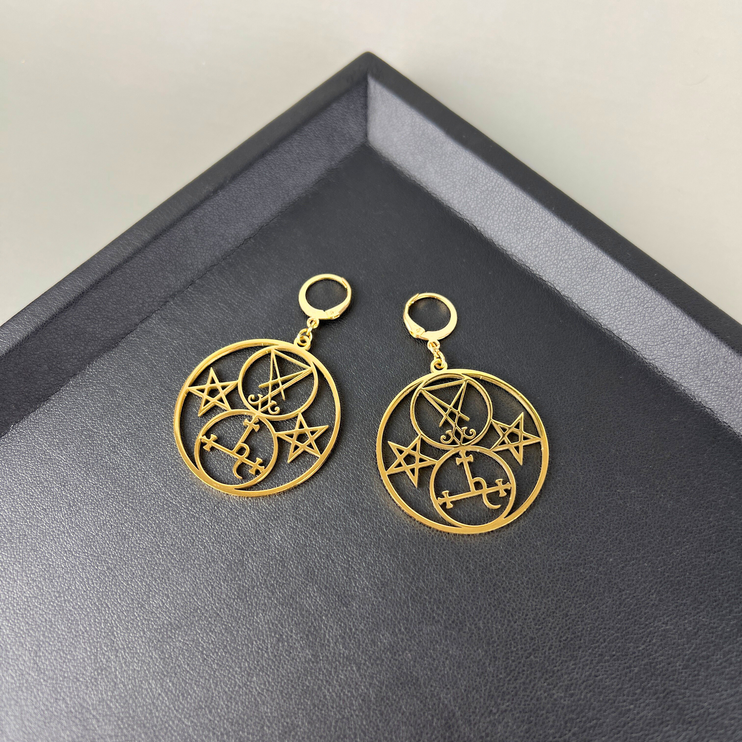 Golden Luciferian earrings, Lilith and Lucifer sigils, inverted pentacle Baguette Magick