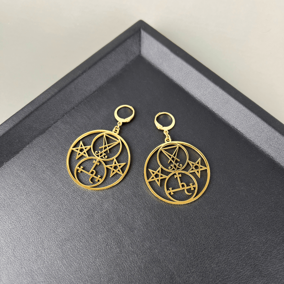 Golden Luciferian earrings, Lilith and Lucifer sigils, inverted pentacle Baguette Magick