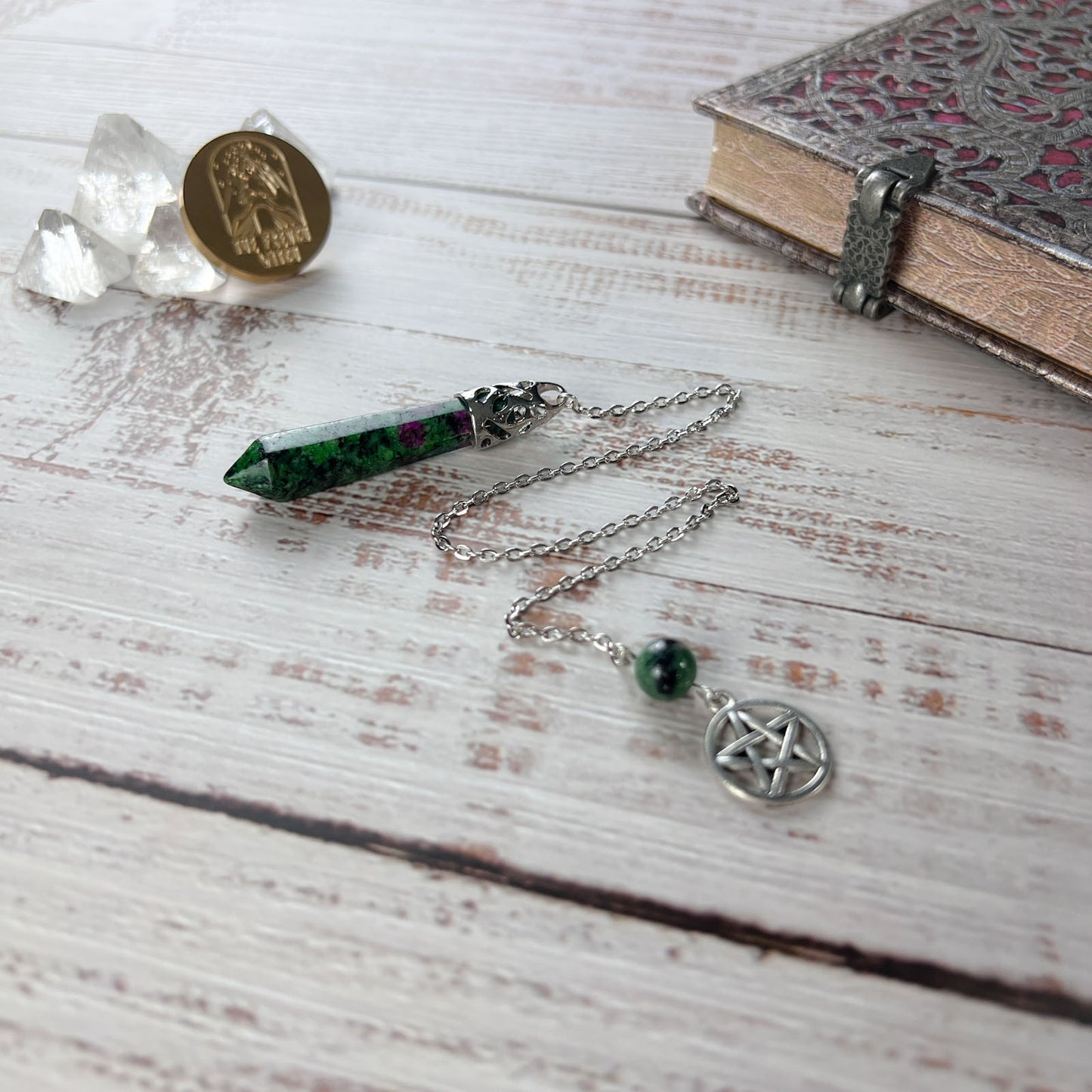 Ruby in Zoisite Anyolite and pentacle dowsing pendulum The French Witch shop