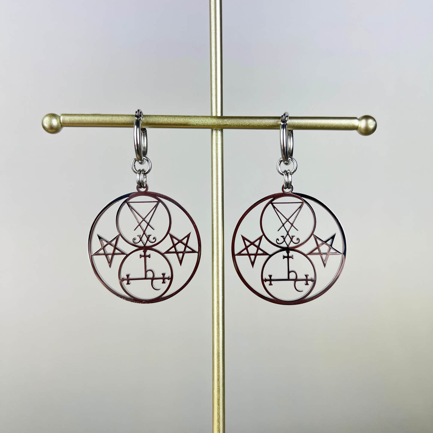 Luciferian earrings, Lilith and Lucifer sigils, inverted pentacle Baguette Magick