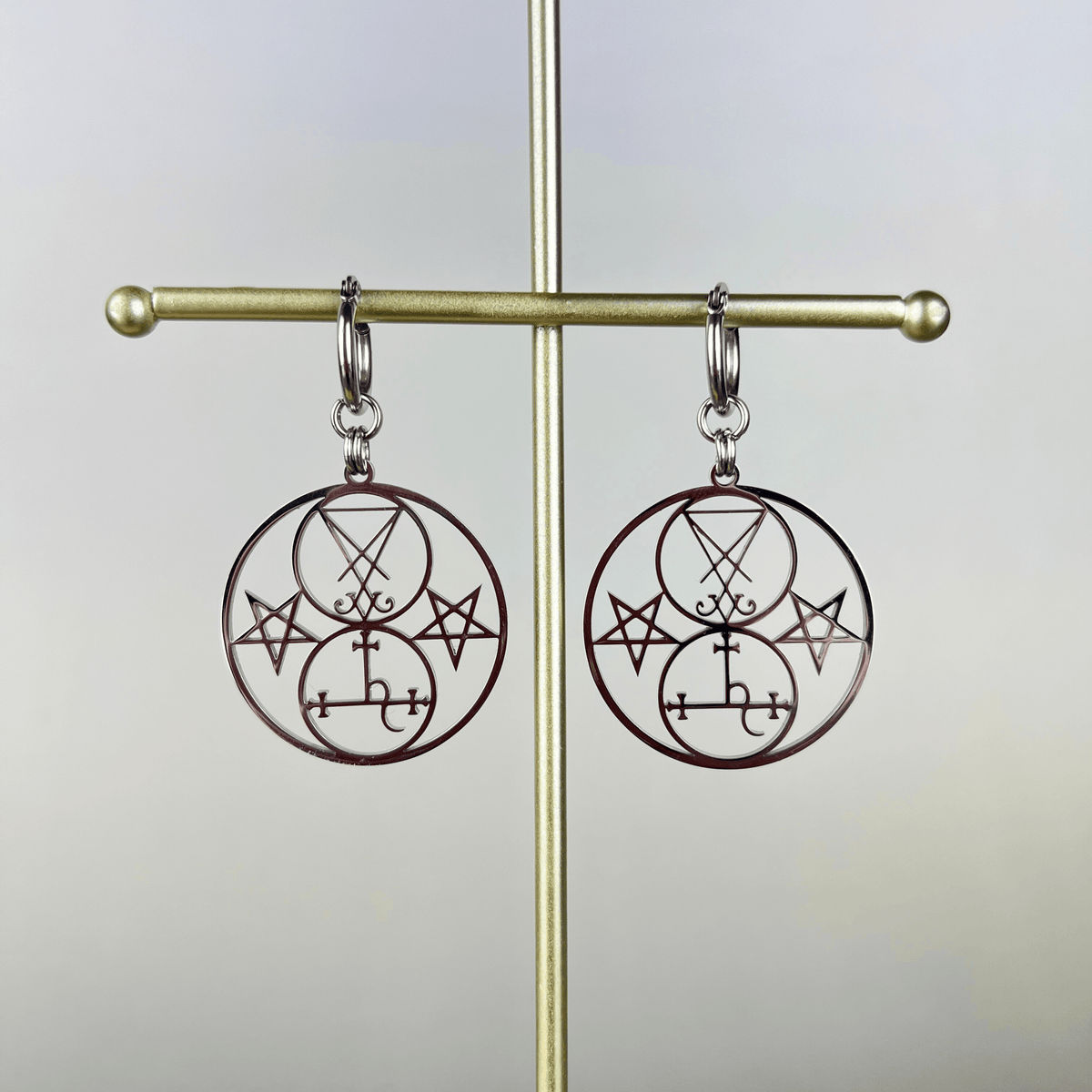 Luciferian earrings, Lilith and Lucifer sigils, inverted pentacle Baguette Magick