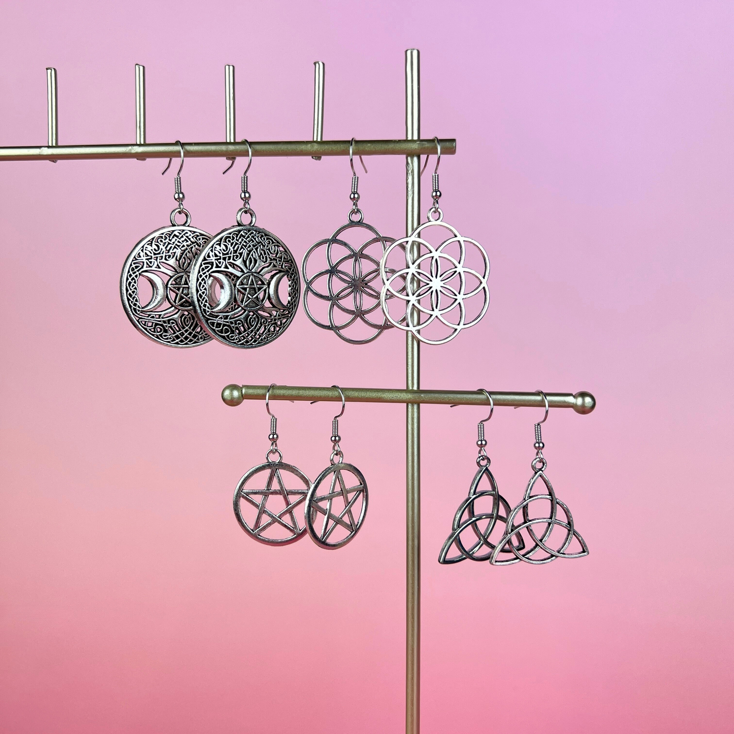 Spiritual earrings bundle: Triquetra, Pentacle, Triple Moon and Flower of life Baguette Magick