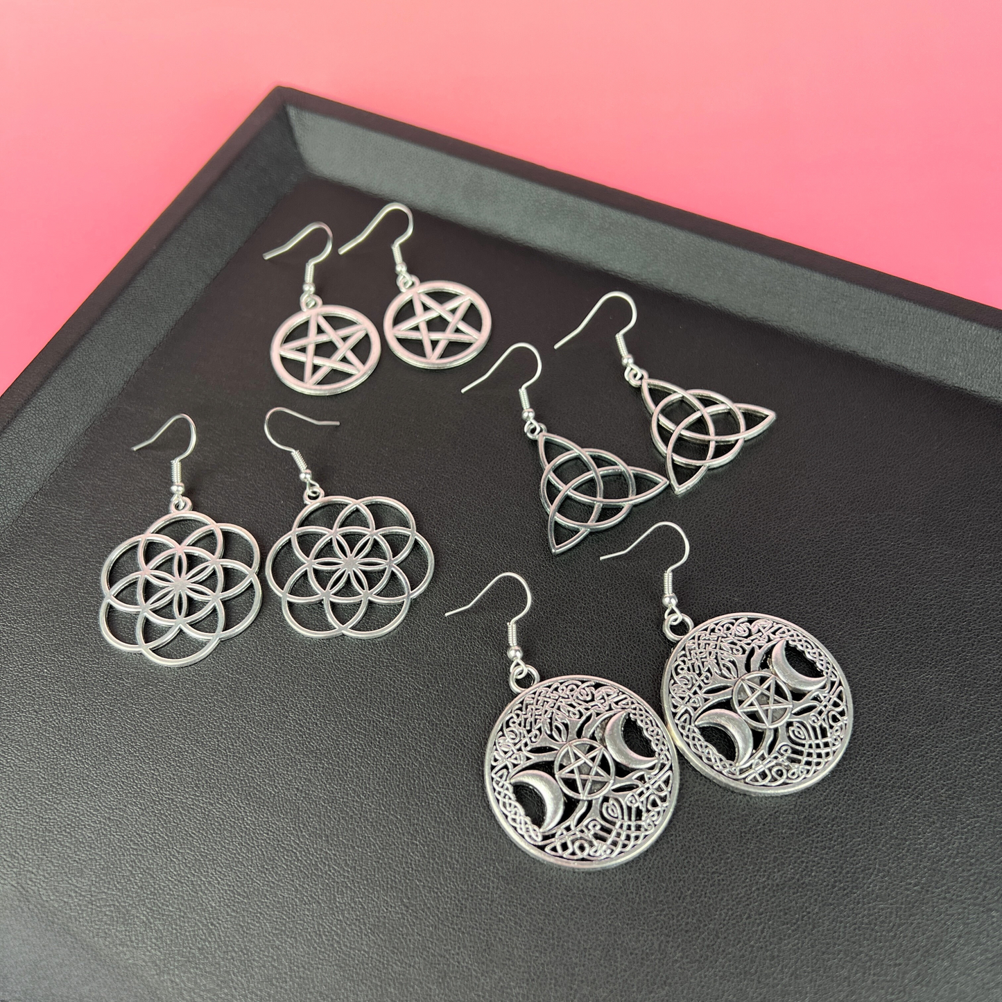 Spiritual earrings bundle: Triquetra, Pentacle, Triple Moon and Flower of life Baguette Magick