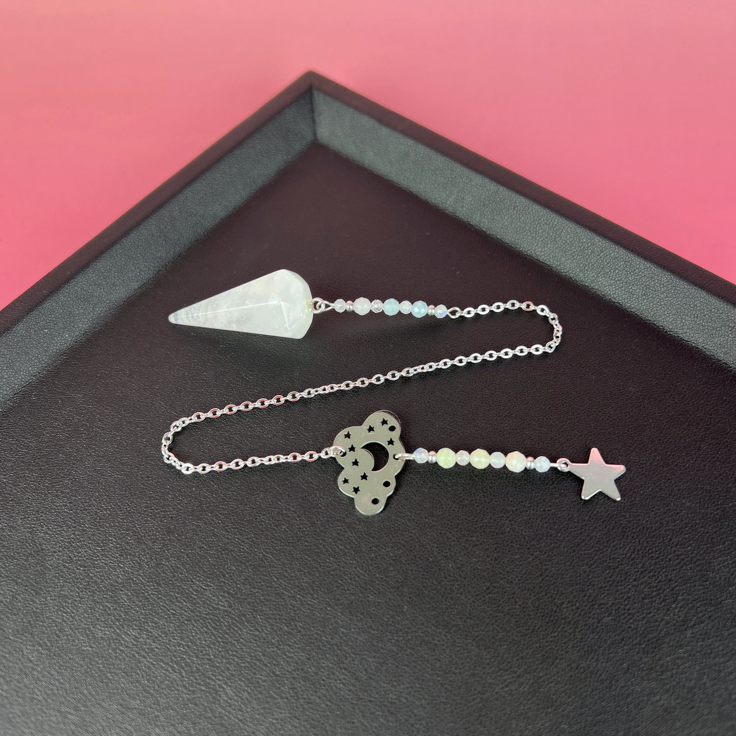 Celestial gemstone pendulum, quartz, moonstone, morganite Baguette Magick