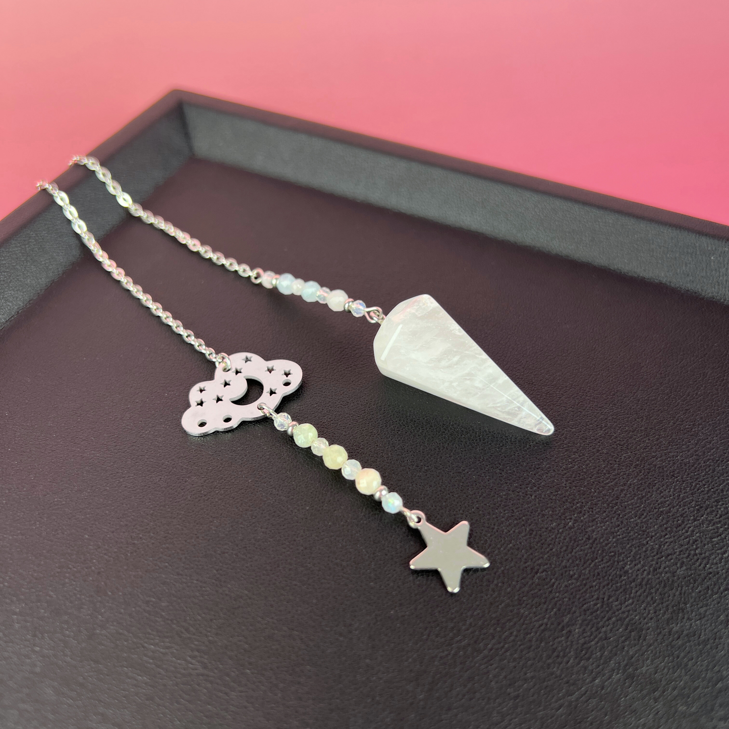 Celestial gemstone pendulum, quartz, moonstone, morganite Baguette Magick