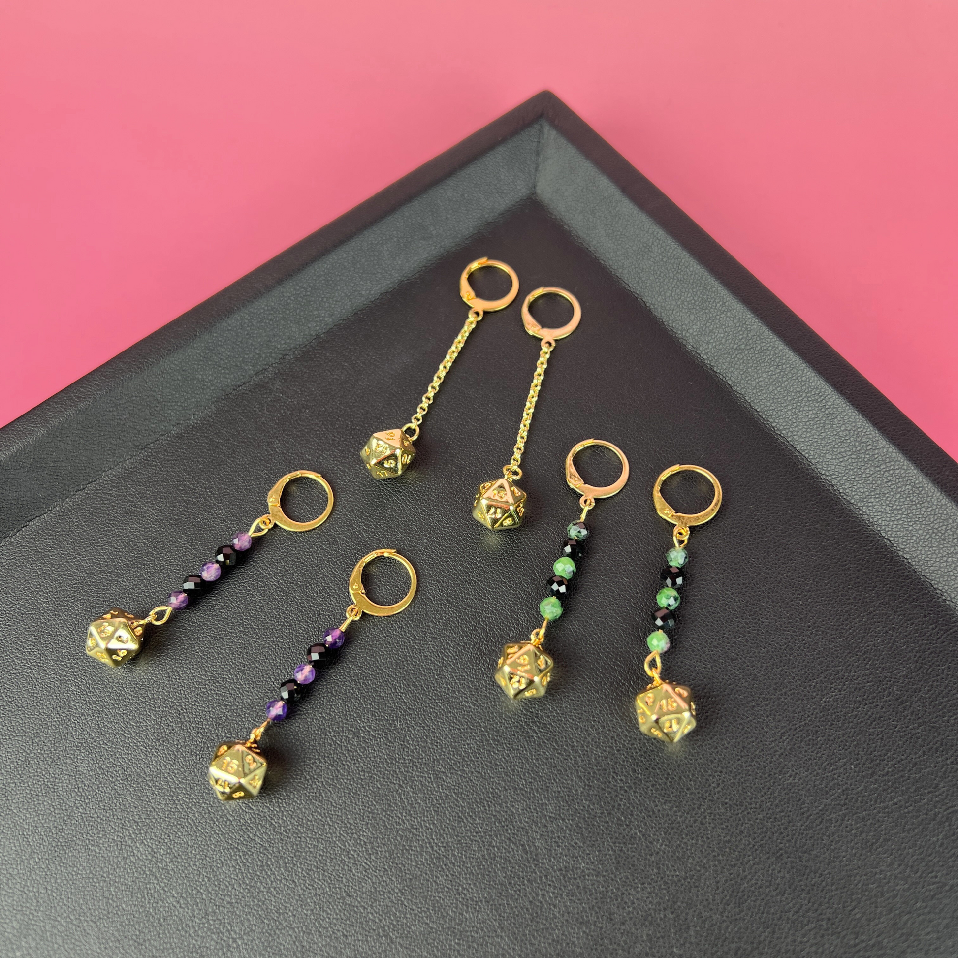 D20 gold dice roleplay earrings, gemstones Baguette Magick