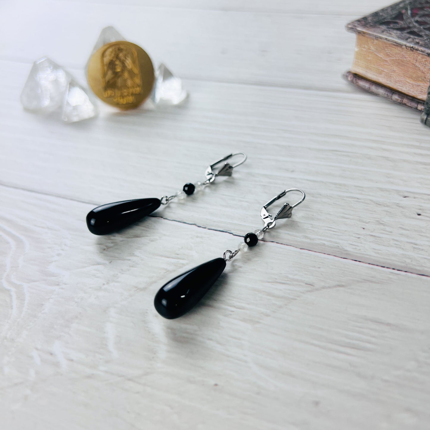 dainty art deco earrings obsidian onyx moonstone faceted beads gemstone jewelry gift for her