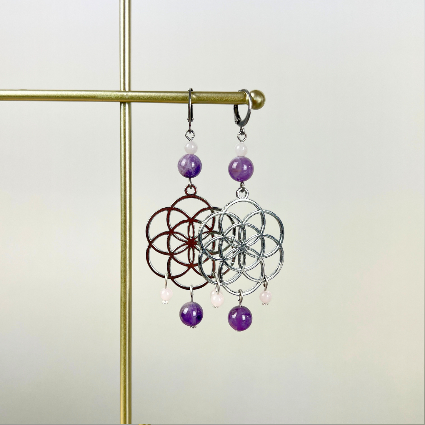 Big flower of life, rose quartz, and amethyst earrings Baguette Magick