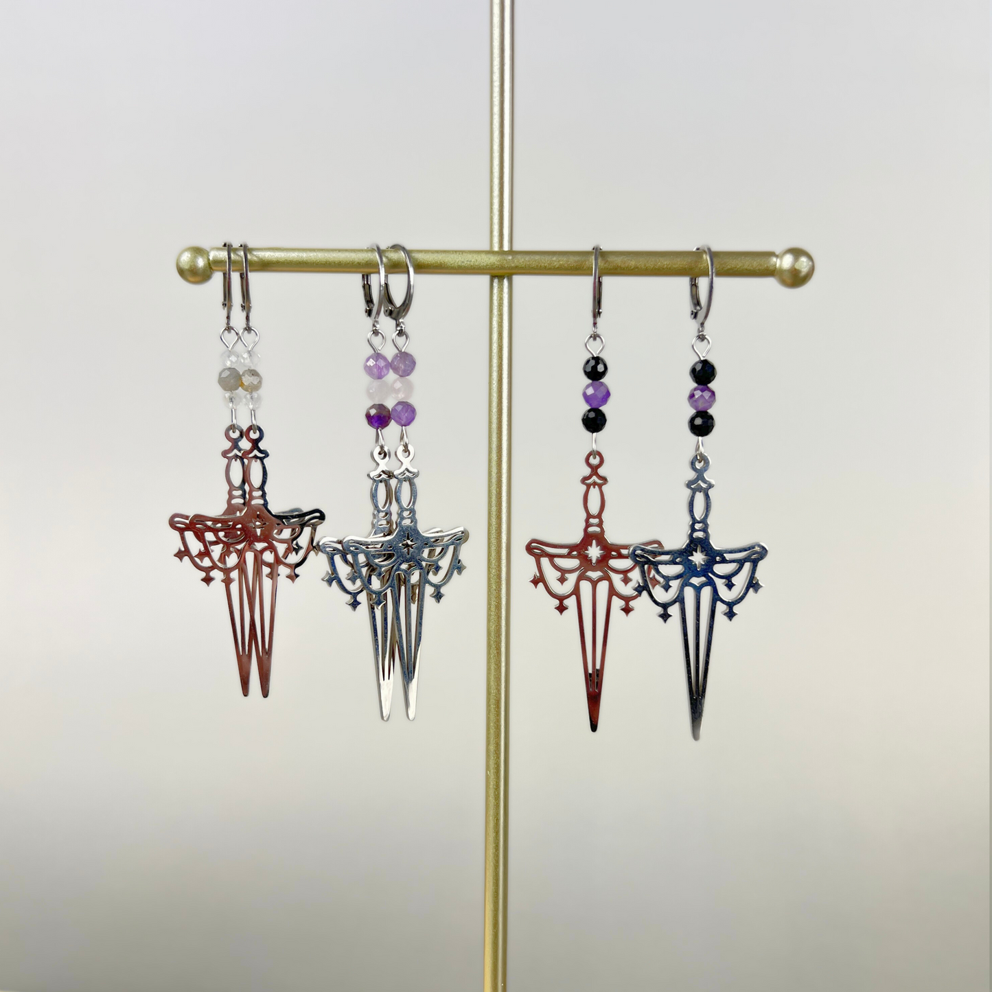 Gemstone athame dagger earrings, faceted beads Baguette Magick