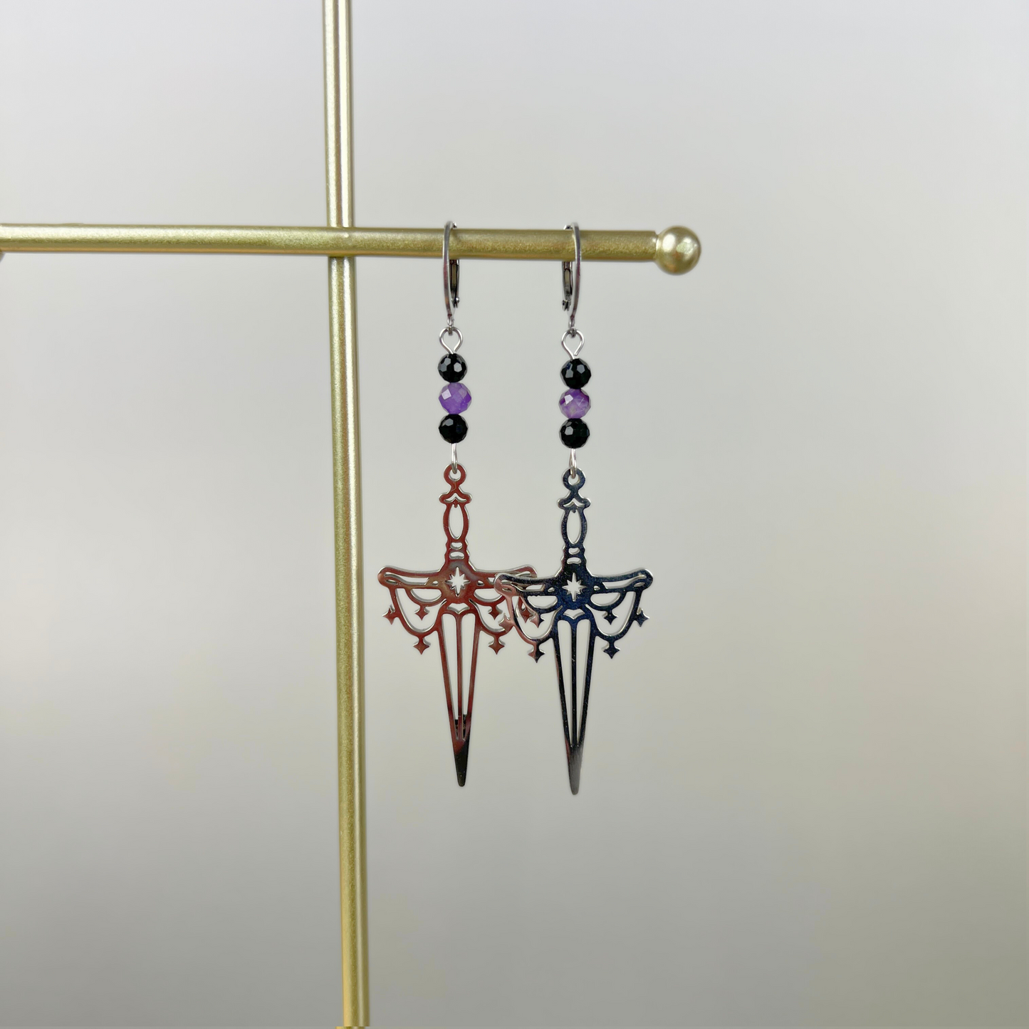 Gemstone athame dagger earrings, faceted beads Baguette Magick