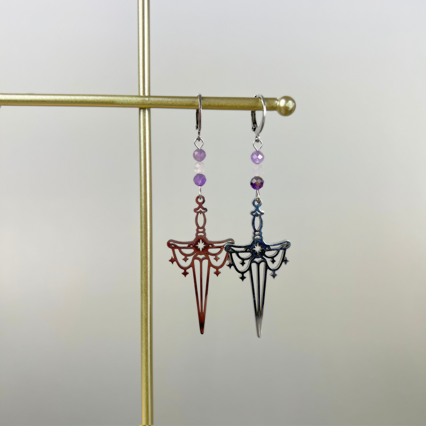 Gemstone athame dagger earrings, faceted beads Baguette Magick