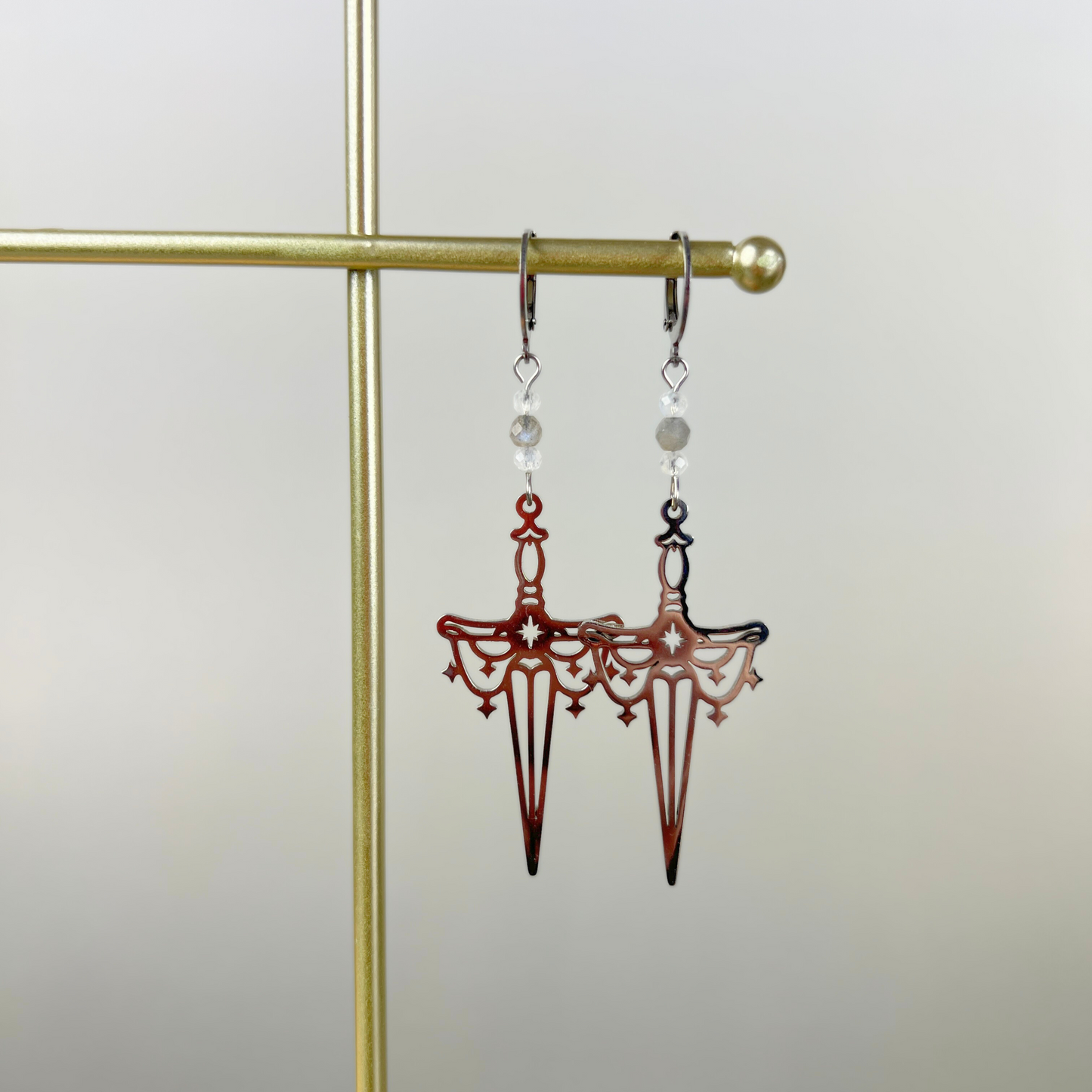 Gemstone athame dagger earrings, faceted beads Baguette Magick
