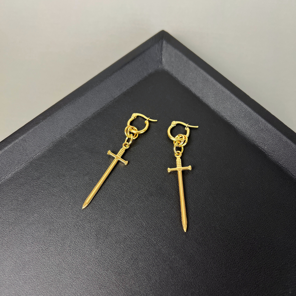 Gold hoop sword earrings, fantasy jewelry Baguette Magick