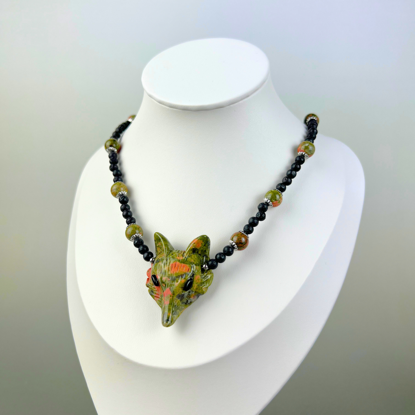 Unakite fox, lava rock forest witch necklace Baguette Magick