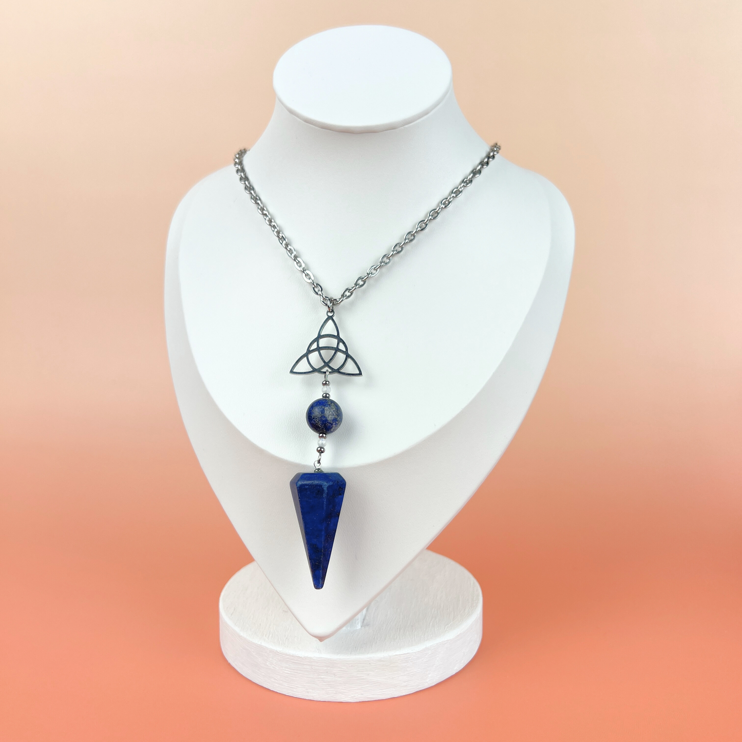 Lapis lazuli, Moonstone and triquetra Celtic knot pendulum necklace Baguette Magick