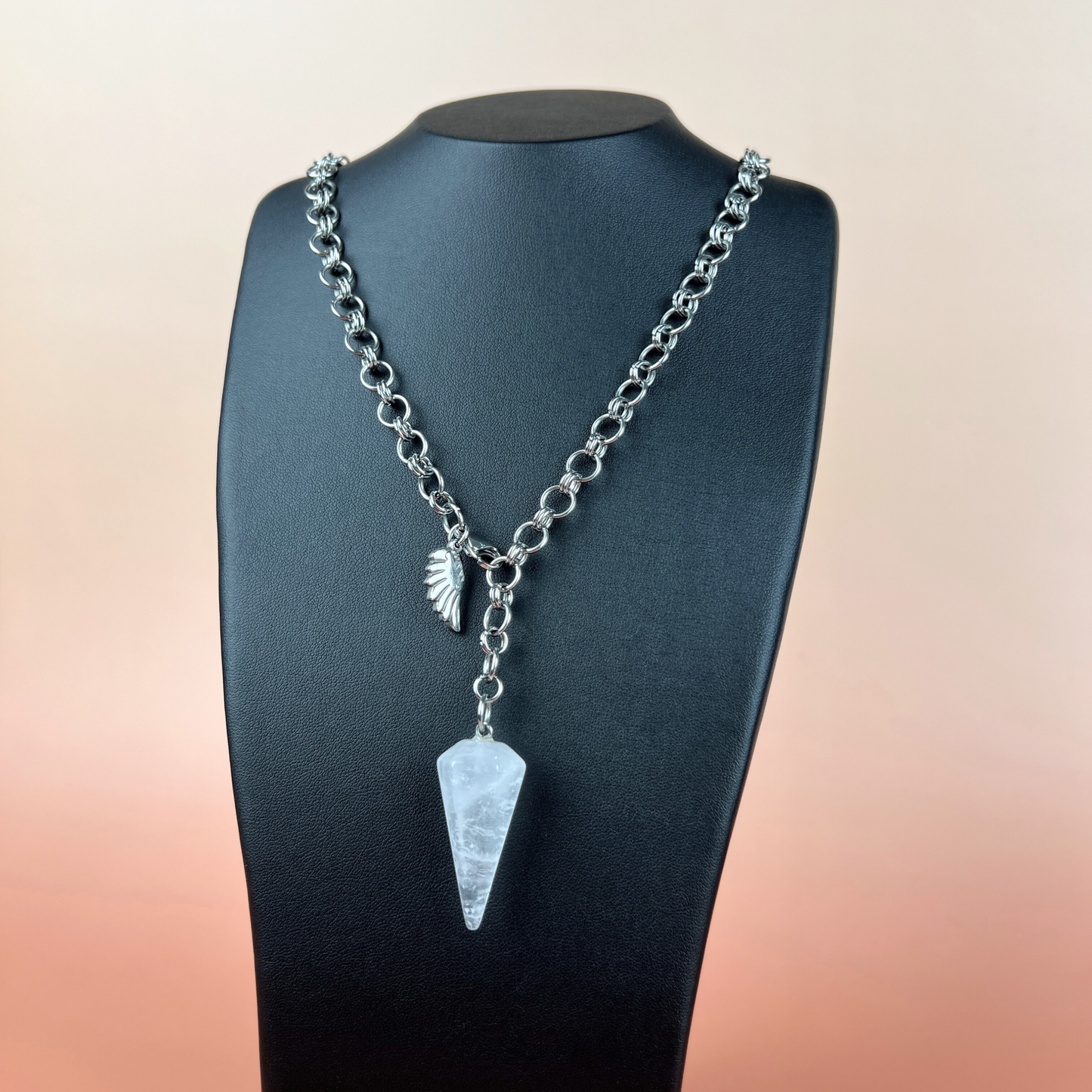 Quartz and wing divination pendulum necklace, adjustable chain Baguette Magick