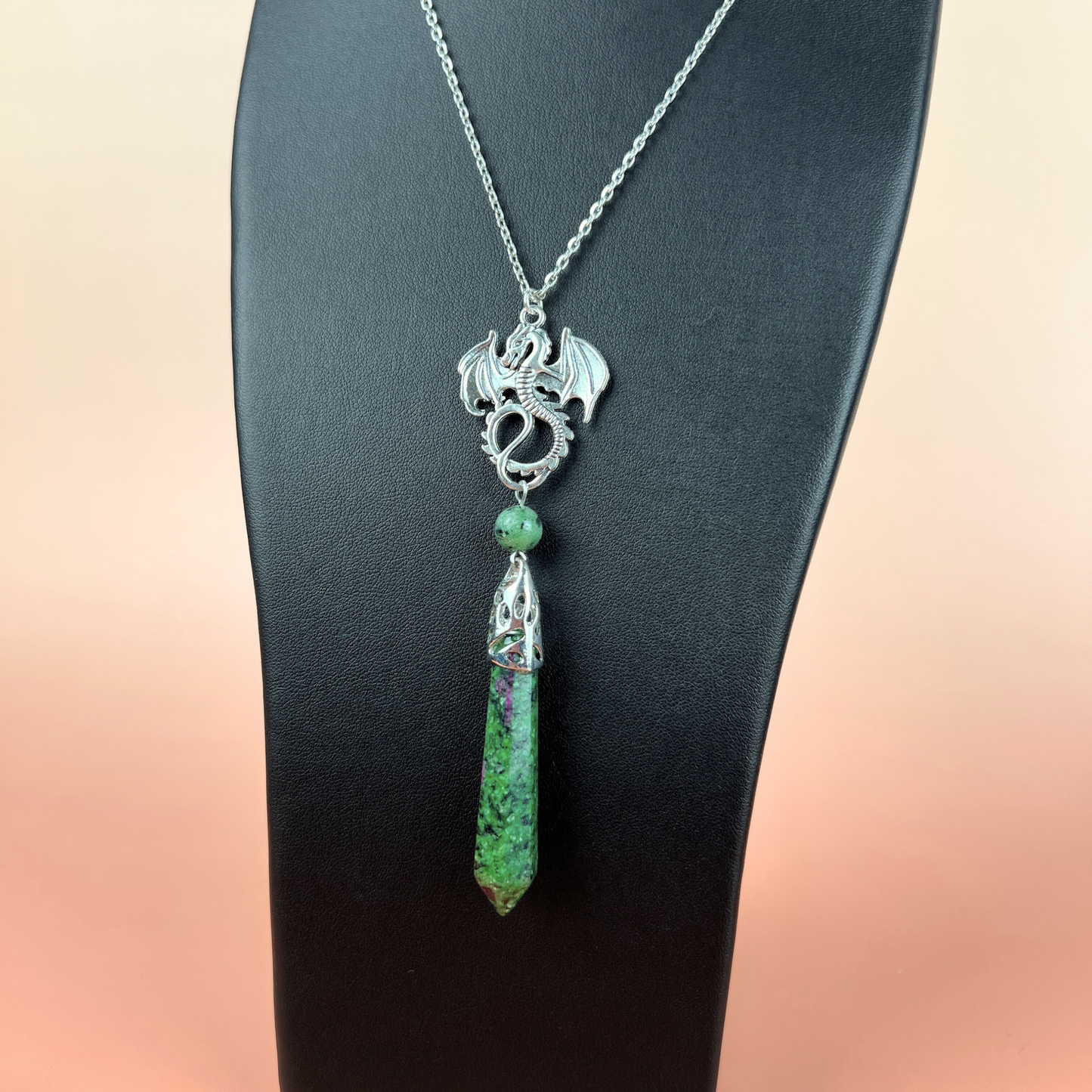 Dragon and Ruby Zoisite Anyolite pendulum necklace Baguette Magick