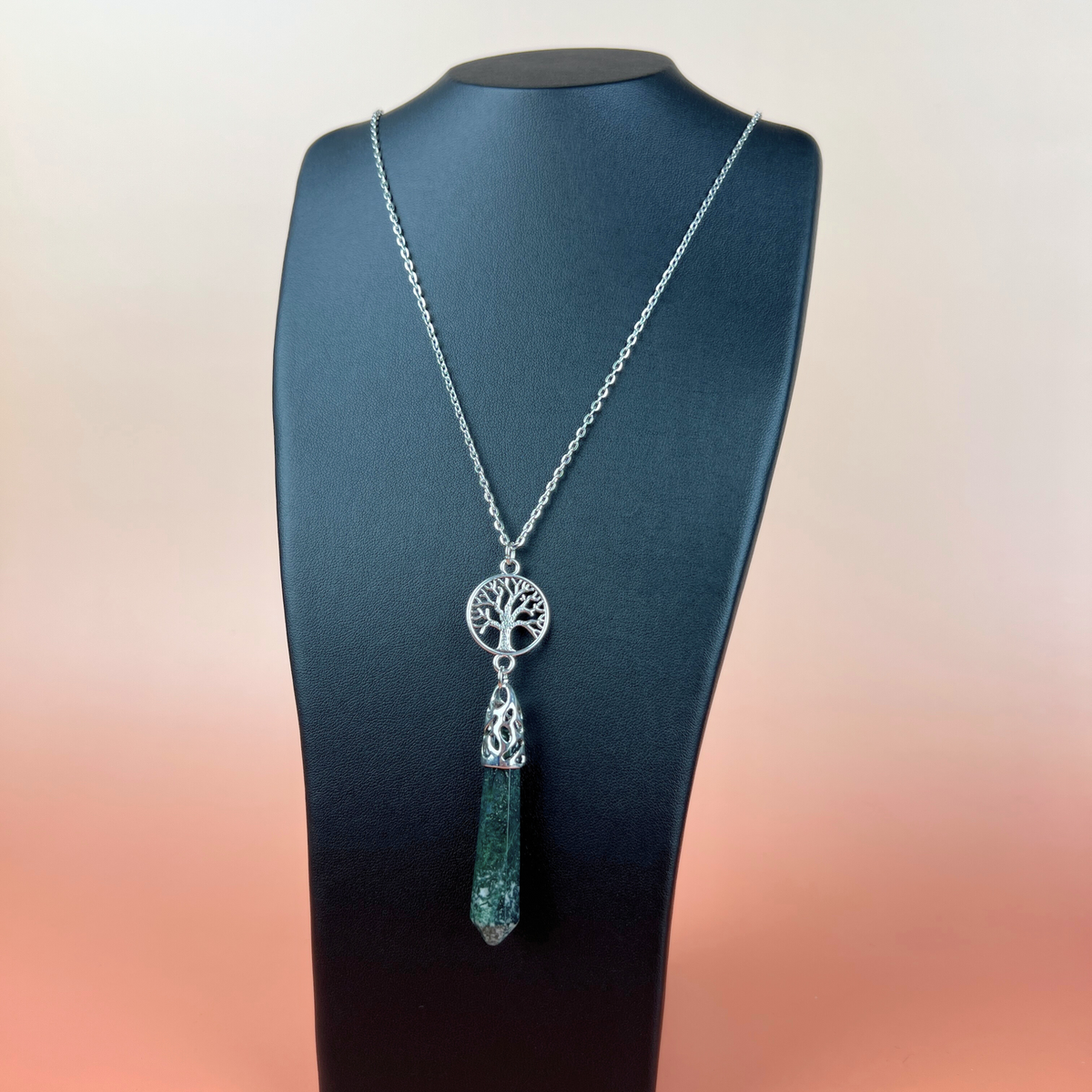 Moss agate and tree of life pendulum necklace Baguette Magick