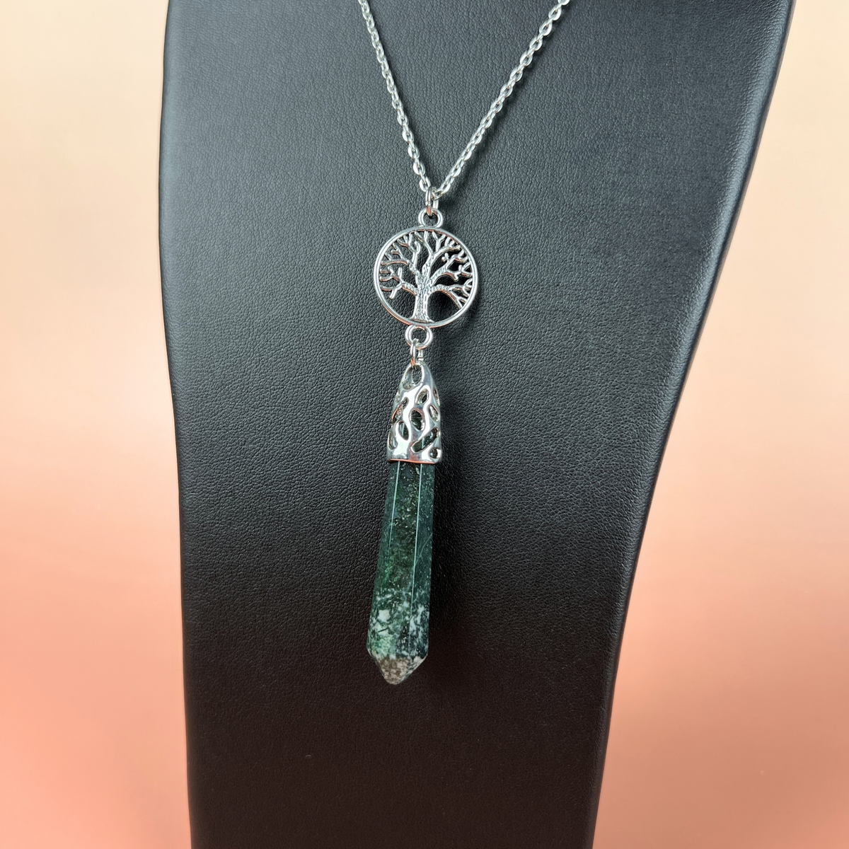 Moss agate and tree of life pendulum necklace Baguette Magick