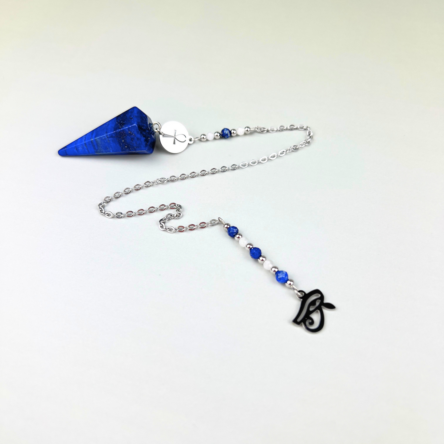 Dowsing pendulum with lapis lazuli, moonstone, Eye of Horus and Ankh Baguette Magick
