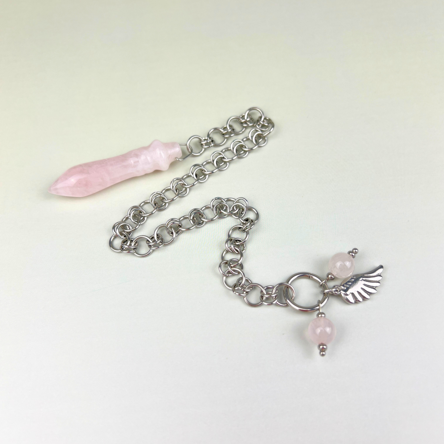Egyptian Thot pendulum rose quartz chainmail, wing Baguette Magick
