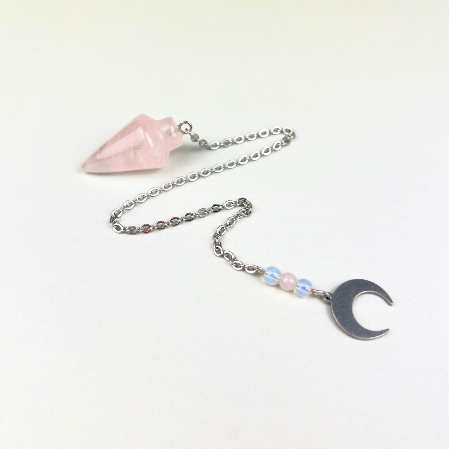 Rose quartz and opalite dowsing pendulum, pocket size, horn charm Baguette Magick