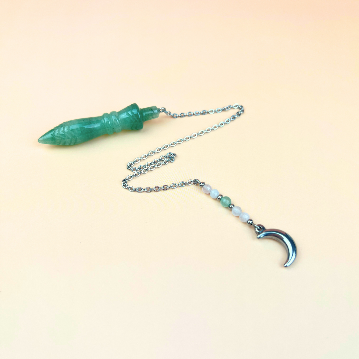 Engraved Egyptian Thot pendulum, Aventurine, Rose Quartz, Moon crescent charm Baguette Magick