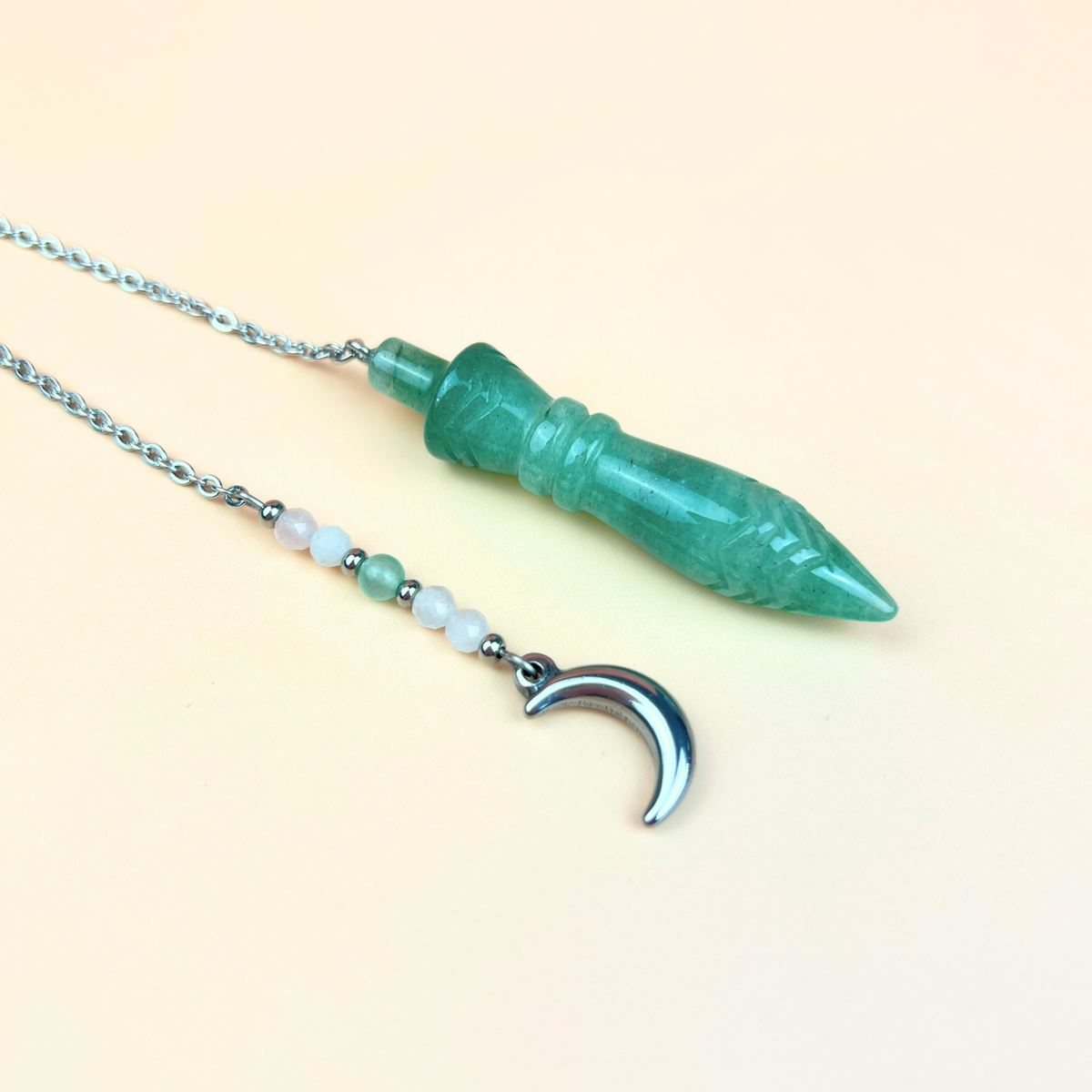 Engraved Egyptian Thot pendulum, Aventurine, Rose Quartz, Moon crescent charm Baguette Magick