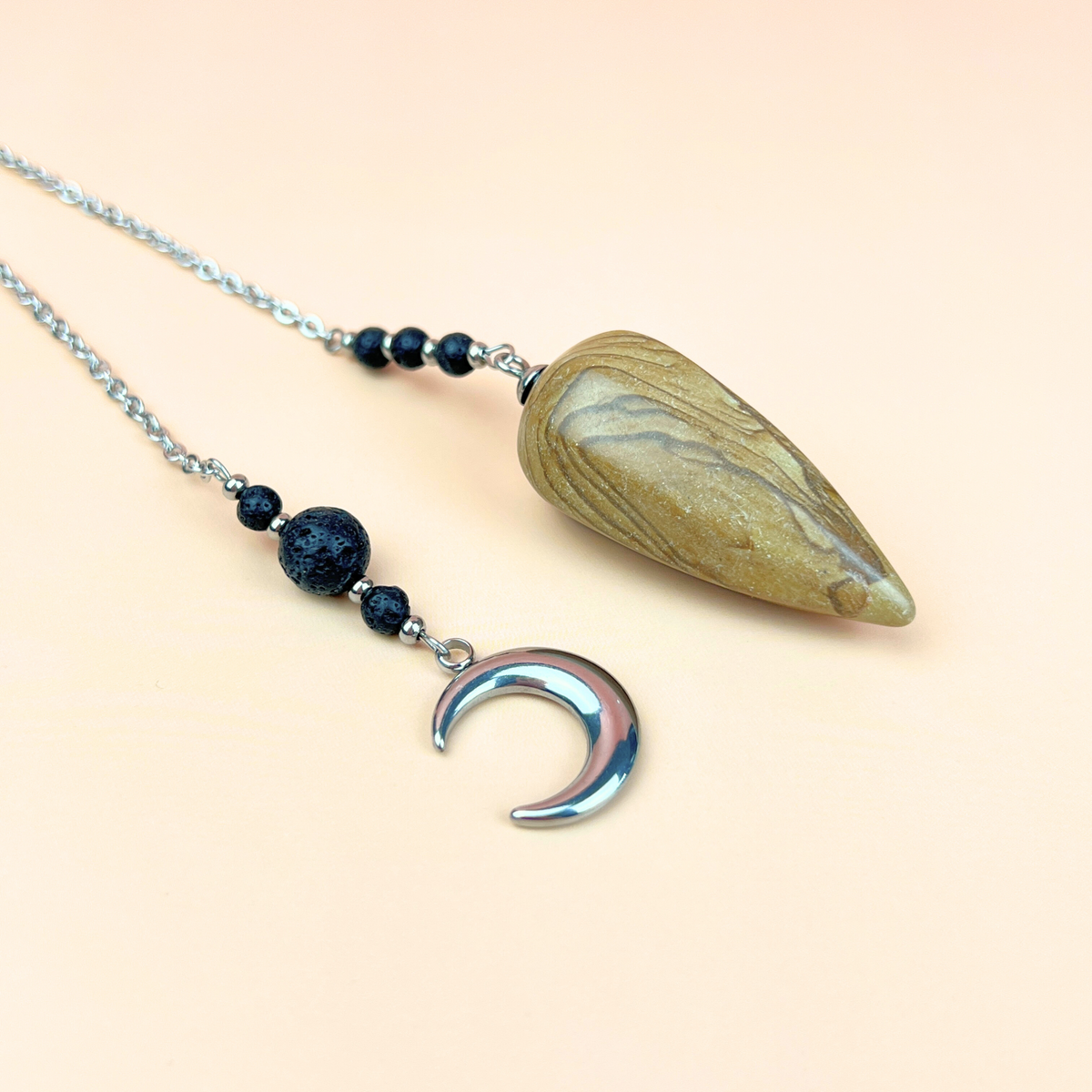 Picture jasper, lava rock and Moon crescent pendulum Baguette Magick