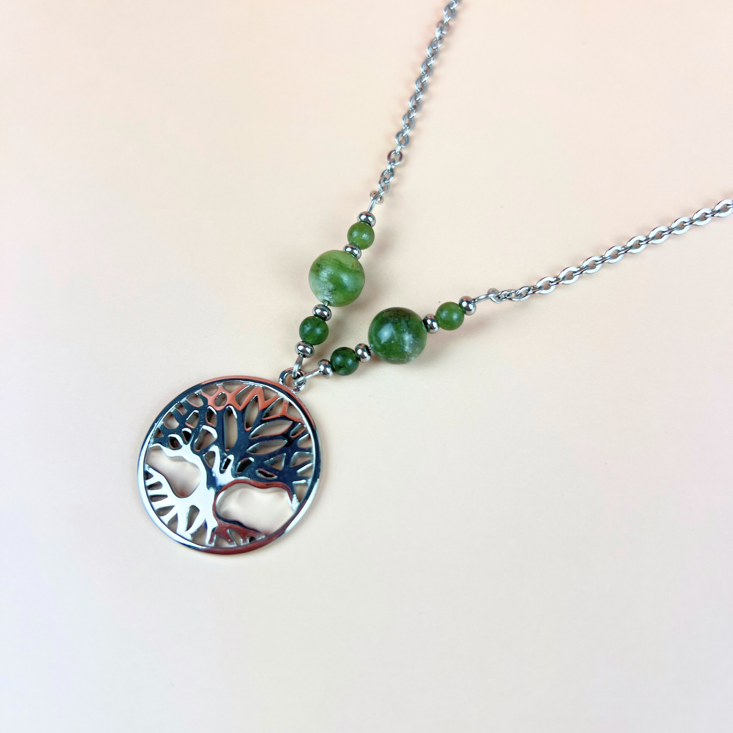Tree of life pendant necklace, Green Jade beads Baguette Magick