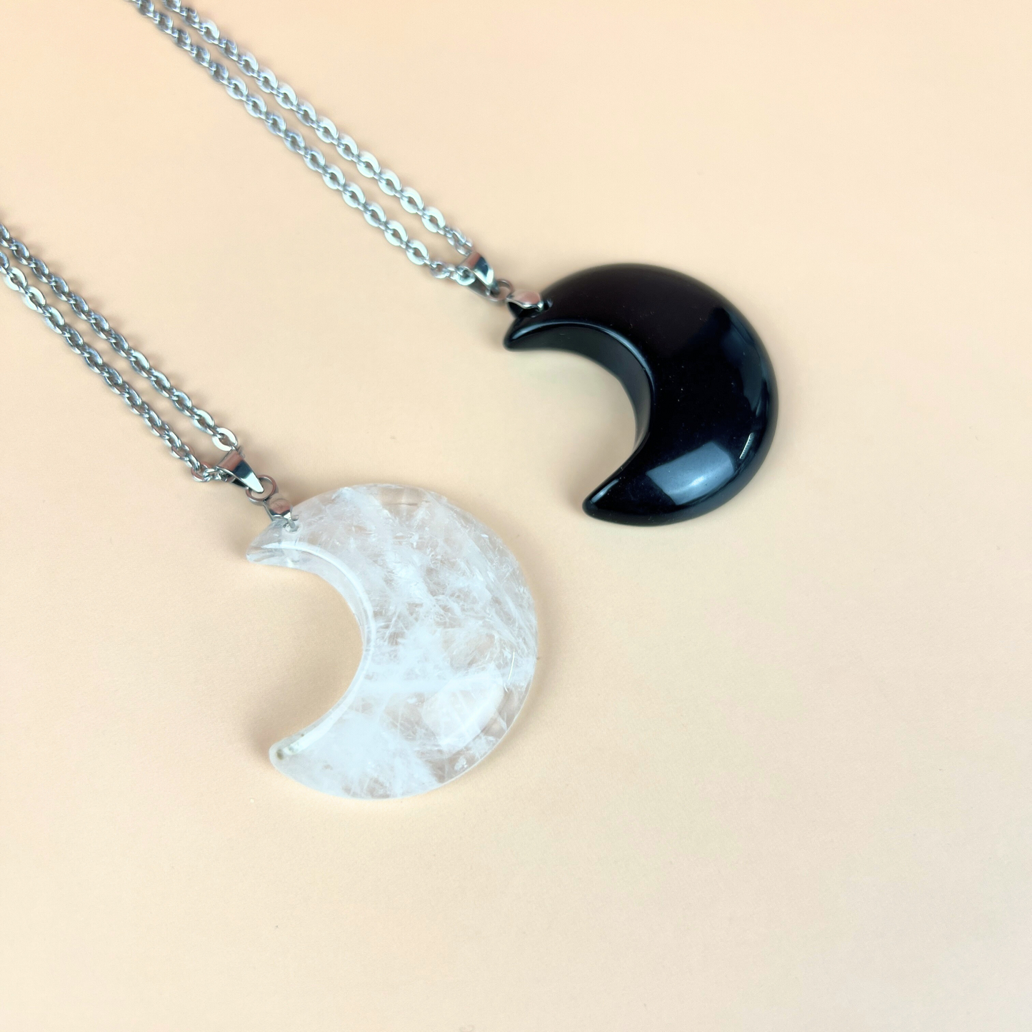 Moon crescent clear quartz or obsidian pendant necklace Baguette Magick