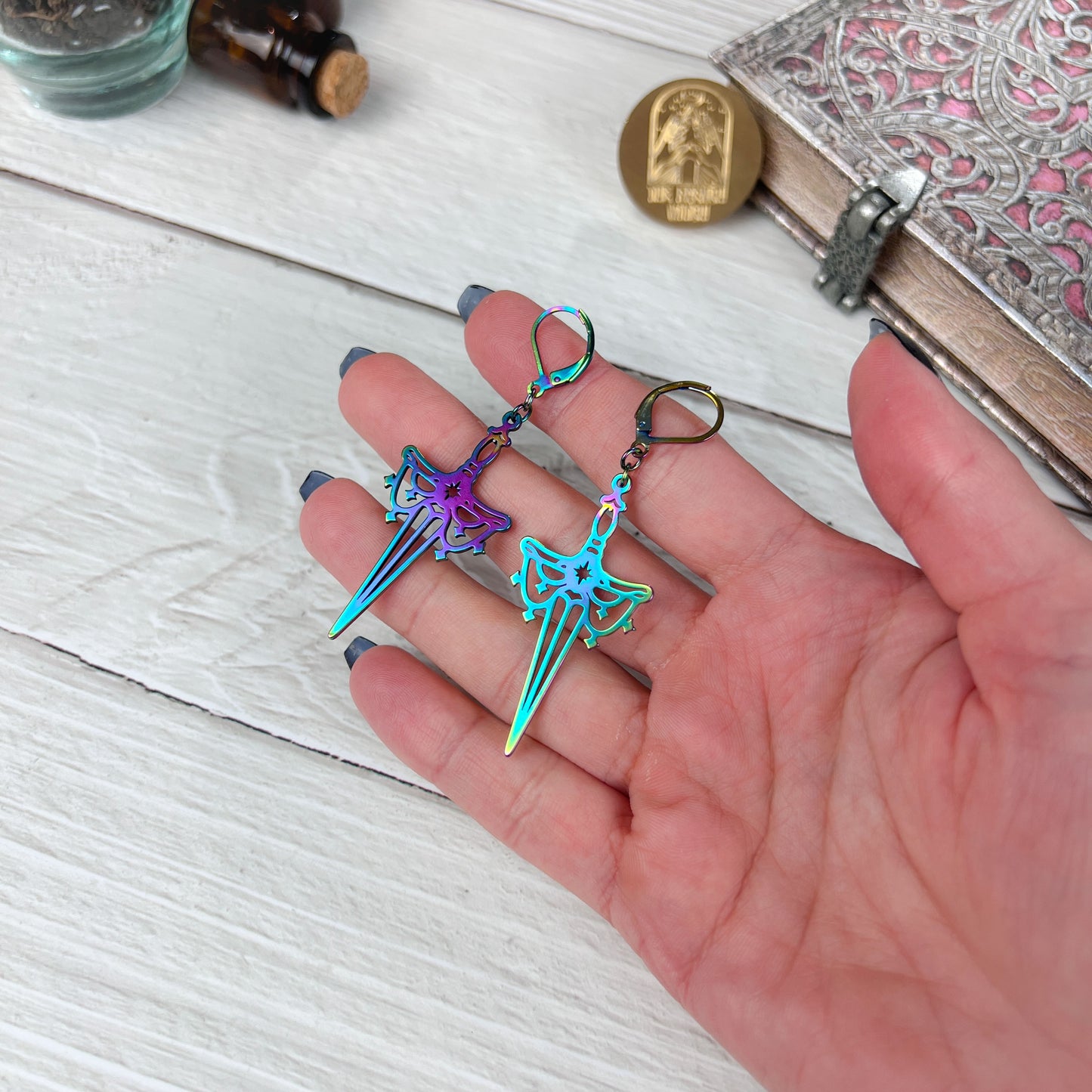 rainbow stainless steel titanium dagger sword earrings pagan witchcraft athame gothic gift for her