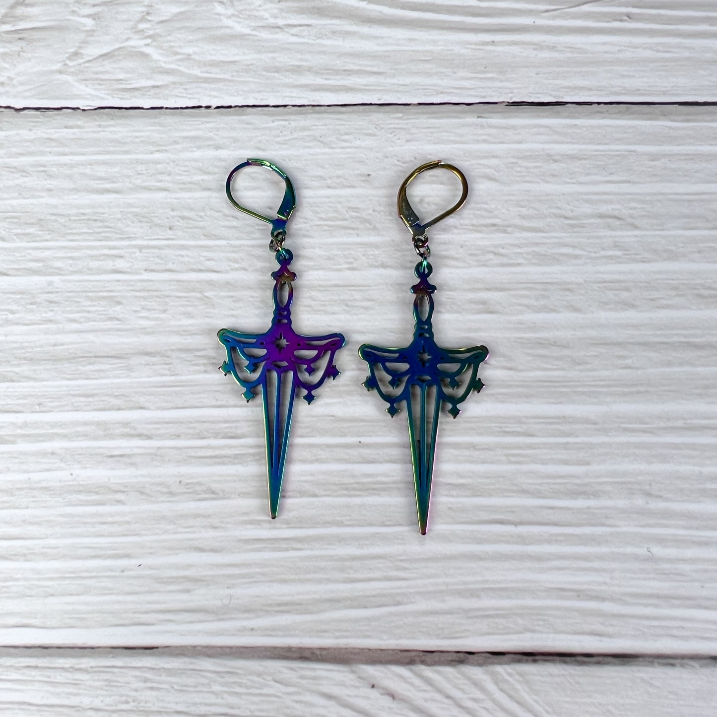 rainbow stainless steel titanium dagger sword earrings pagan witchcraft athame gothic gift for her