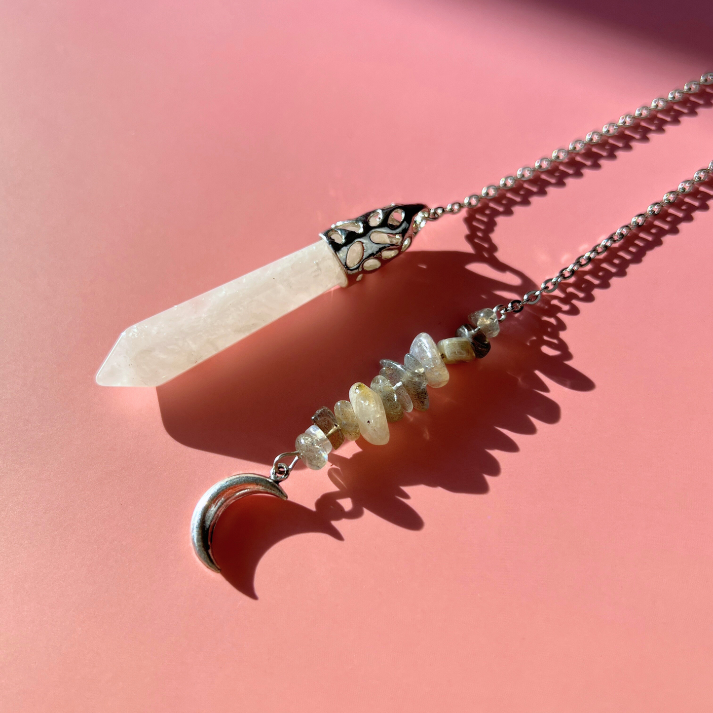 Clear quartz and labradorite Moon crescent dowsing pendulum Baguette Magick