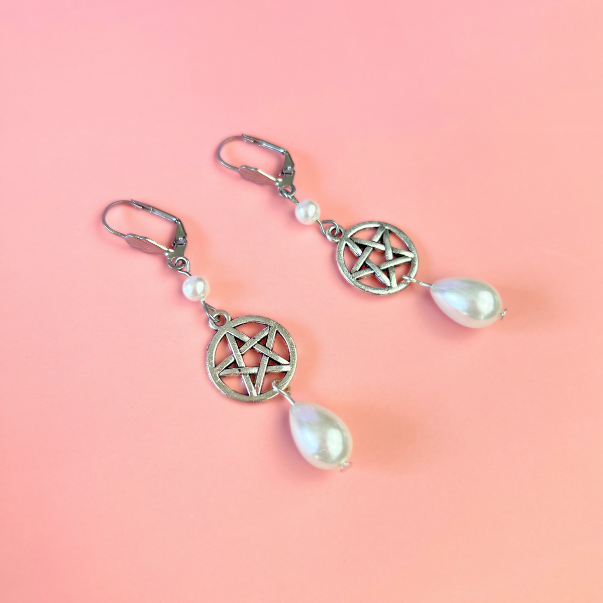 Victorian Edwardian pentacle and pearls teardrop earrings Baguette Magick