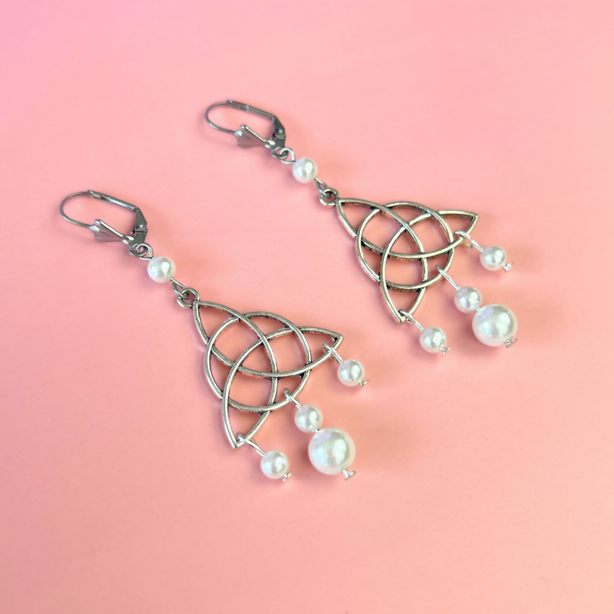 Victorian Edwardian triquetra and pearls teardrop earrings Baguette Magick