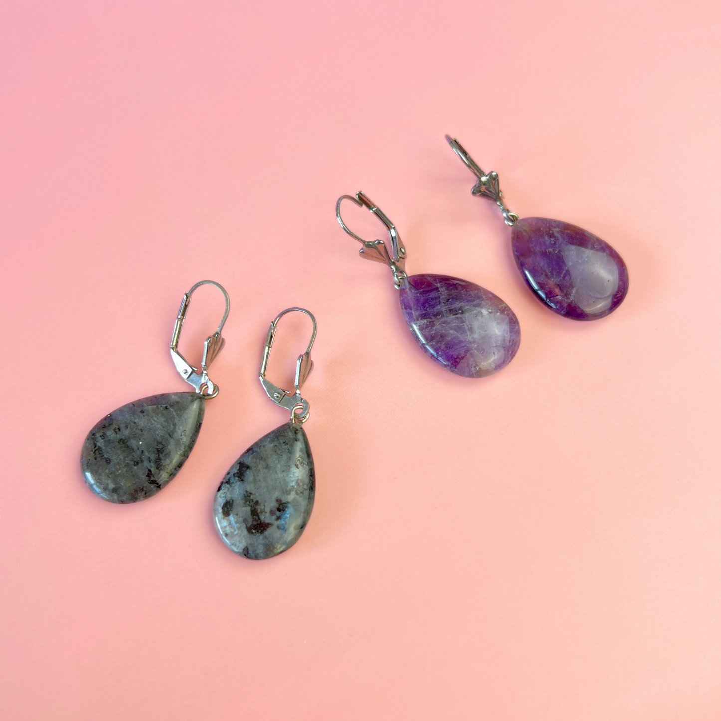 Amethyst or Larvikite art deco teardrop earrings Baguette Magick