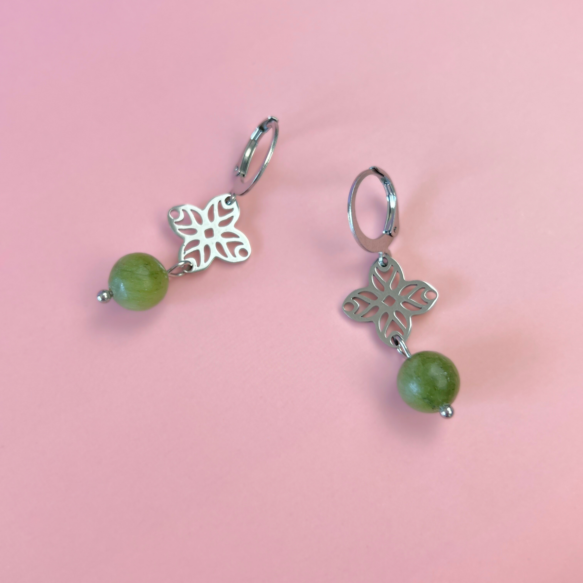 Art deco green jade earrings, floral mandala Baguette Magick
