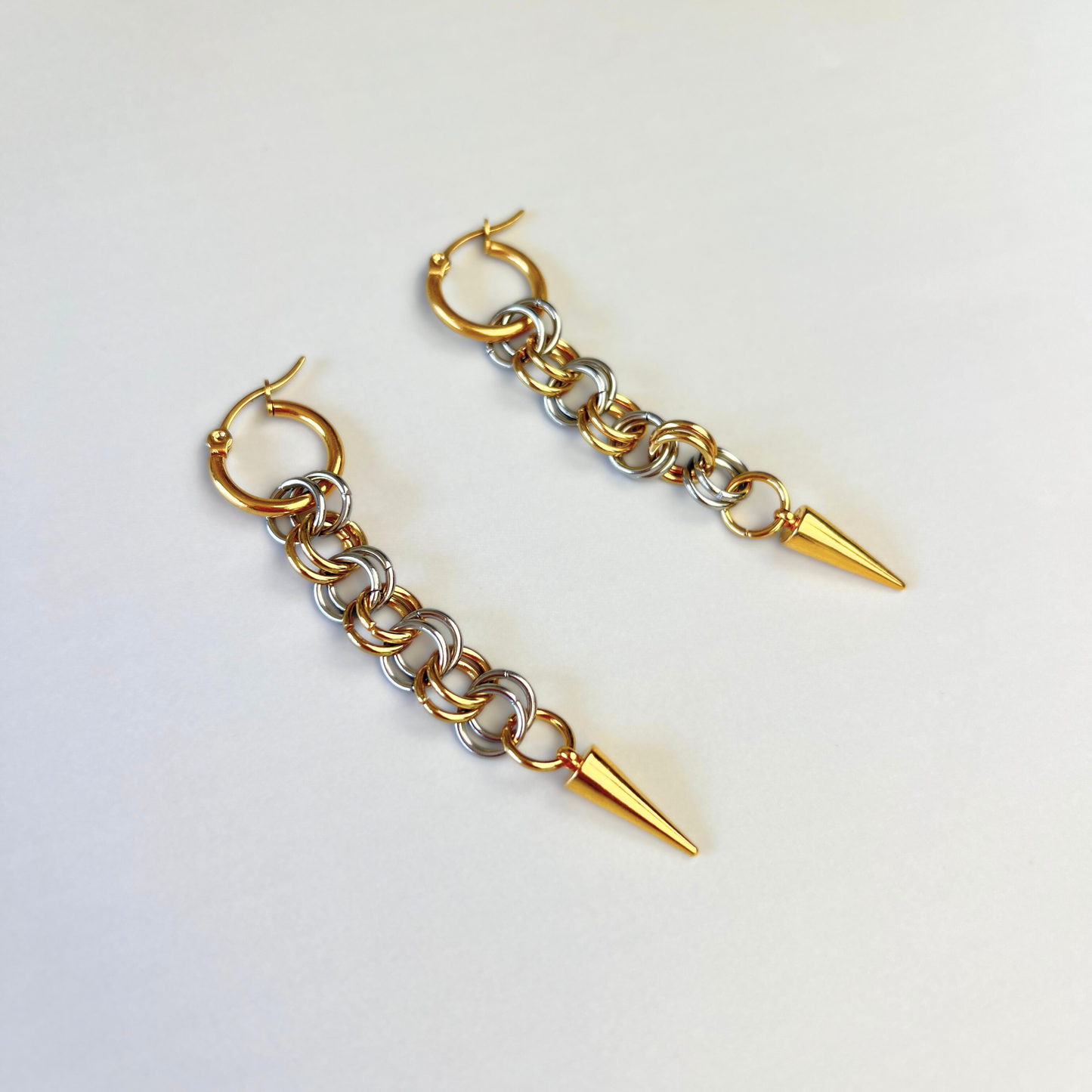 Silver and gold mixed metal chainmail earrings, hoops and spikes Baguette Magick