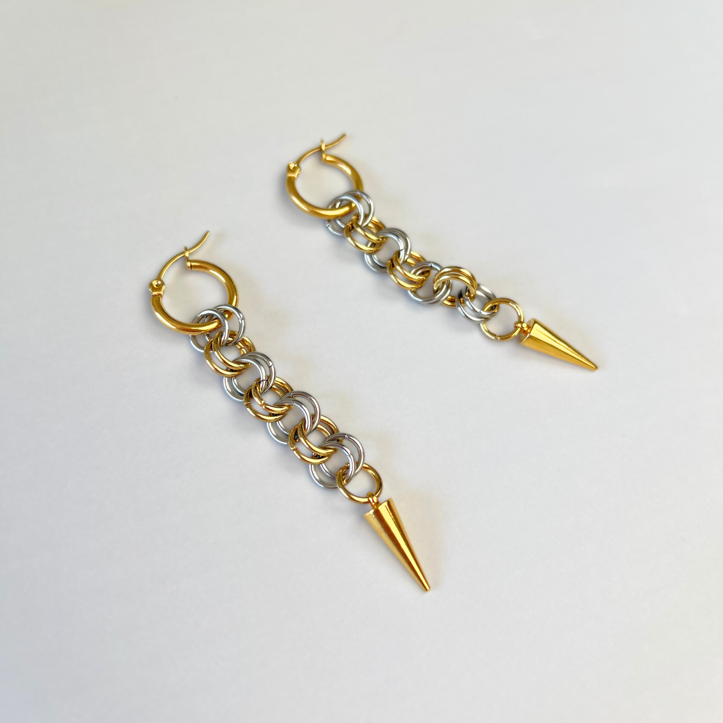 Silver and gold mixed metal chainmail earrings, hoops and spikes Baguette Magick