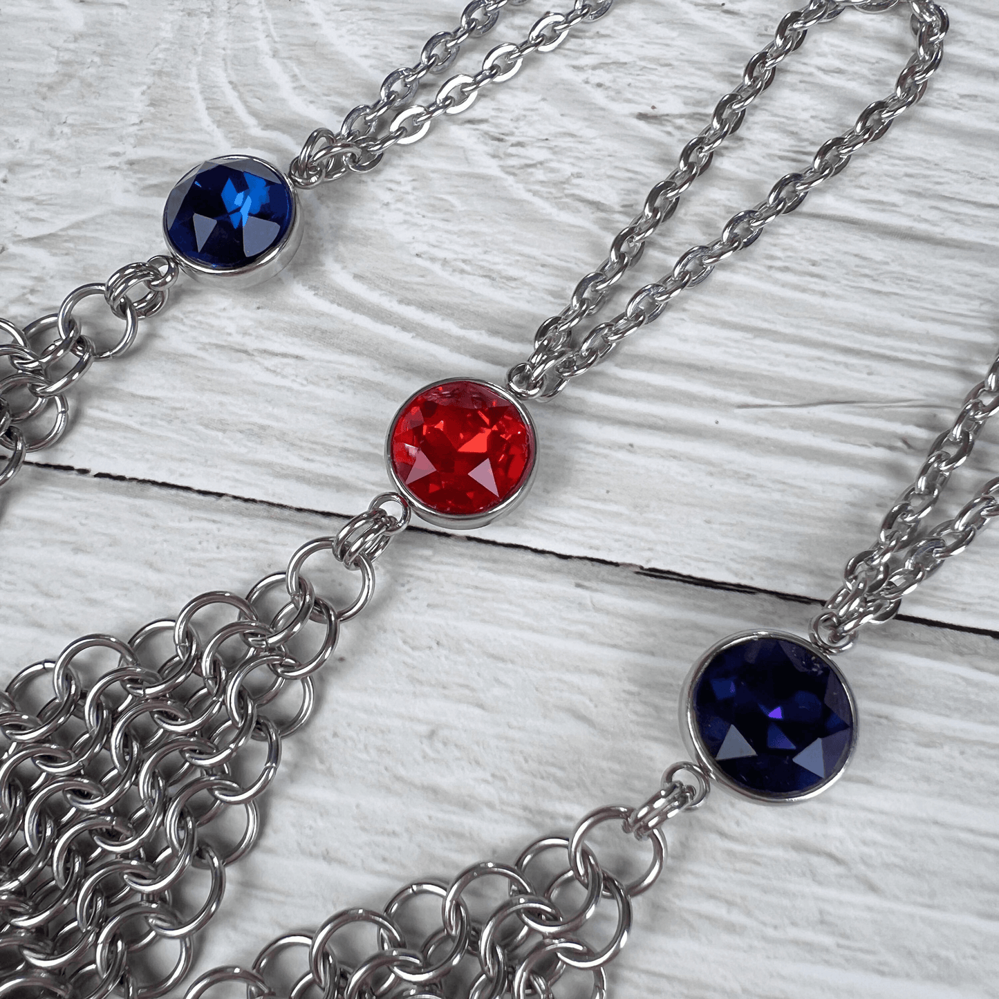 Chainmail and rhinestone ring bracelet hand chain, red, blue or purple Baguette Magick