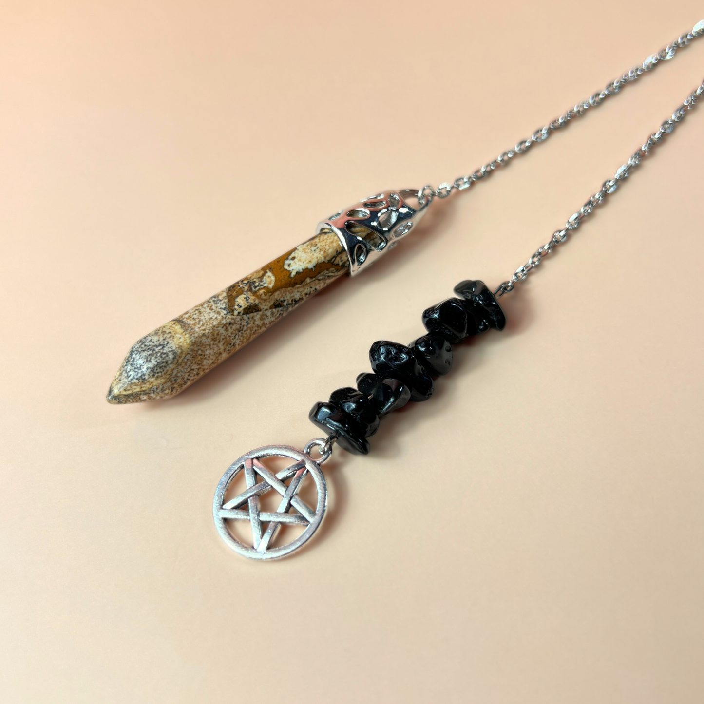 Picture jasper and raw obsidian pentacle pendulum Baguette Magick