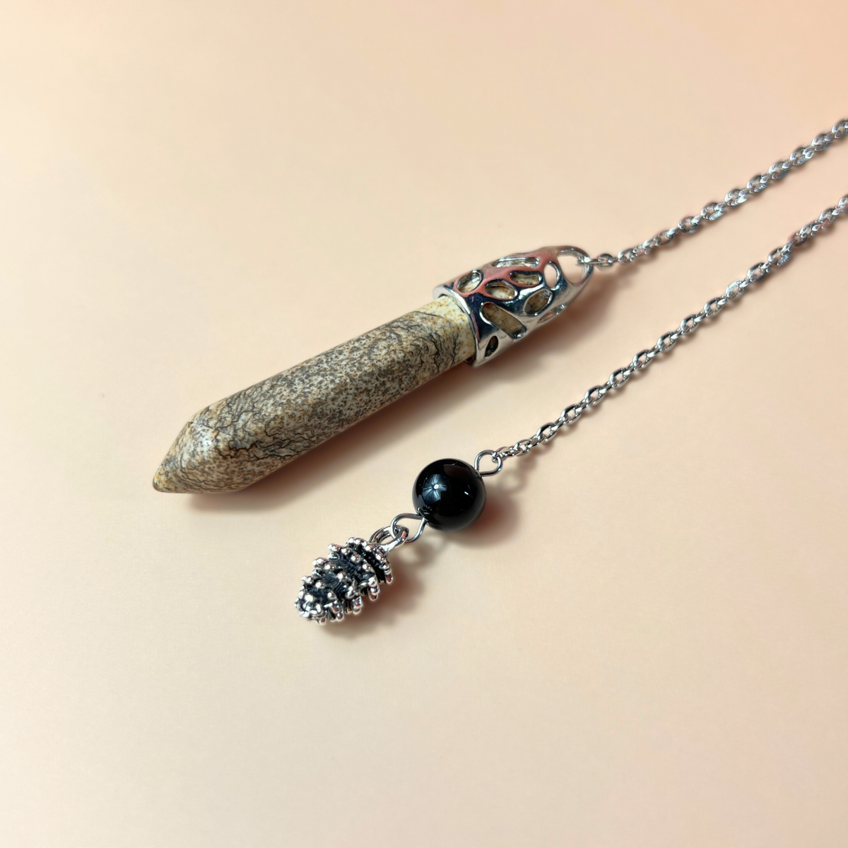 Picture jasper and raw obsidian pinecone pendulum Baguette Magick