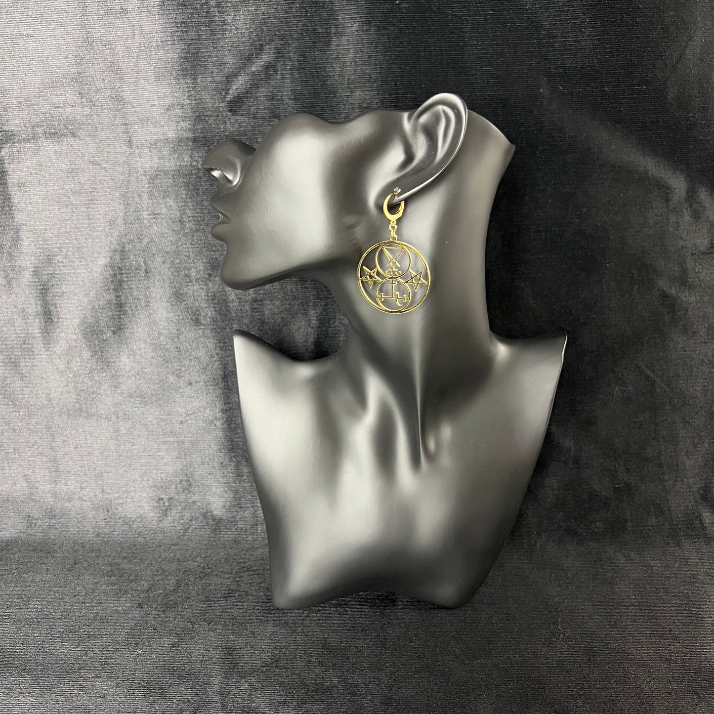 Golden Luciferian earrings, Lilith and Lucifer sigils, inverted pentacle, made of stainless steel Baguette Magick