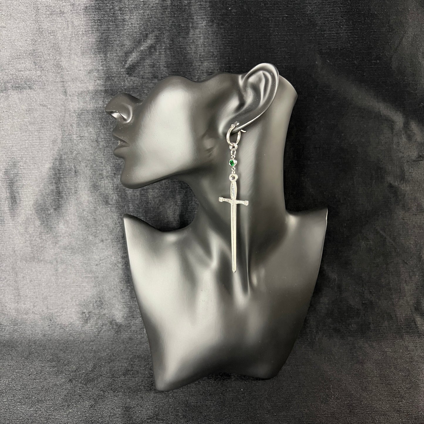 Excalibur sword earrings medieval fantasy gothic ren fair renaissance elven jewelry hoop closure emerald green rhinestone baguette magick
